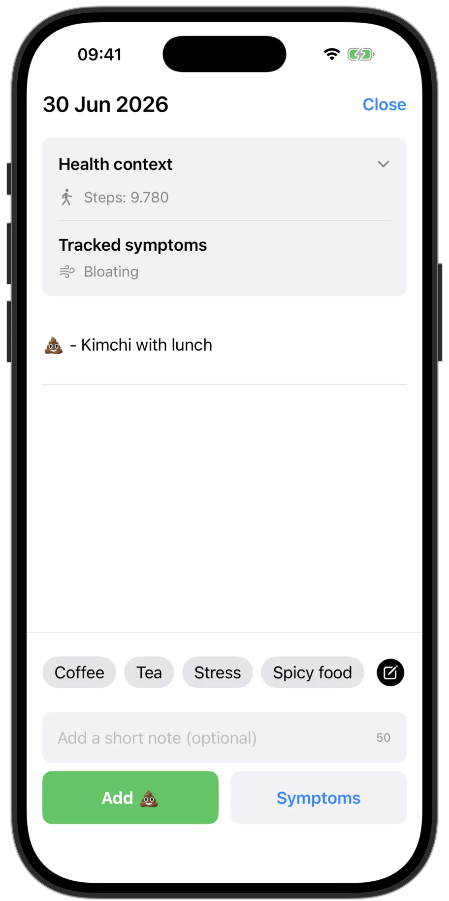 SimplePoo app daily log showing Kimchi with lunch beside a bowel movement and bloating under tracked symptoms