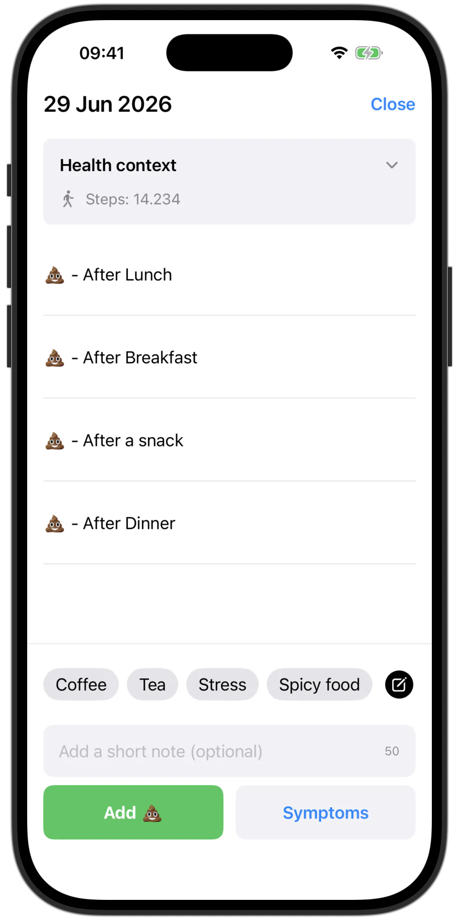 SimplePoo app daily log showing four bowel movements with notes for after breakfast, lunch, a snack, and dinner